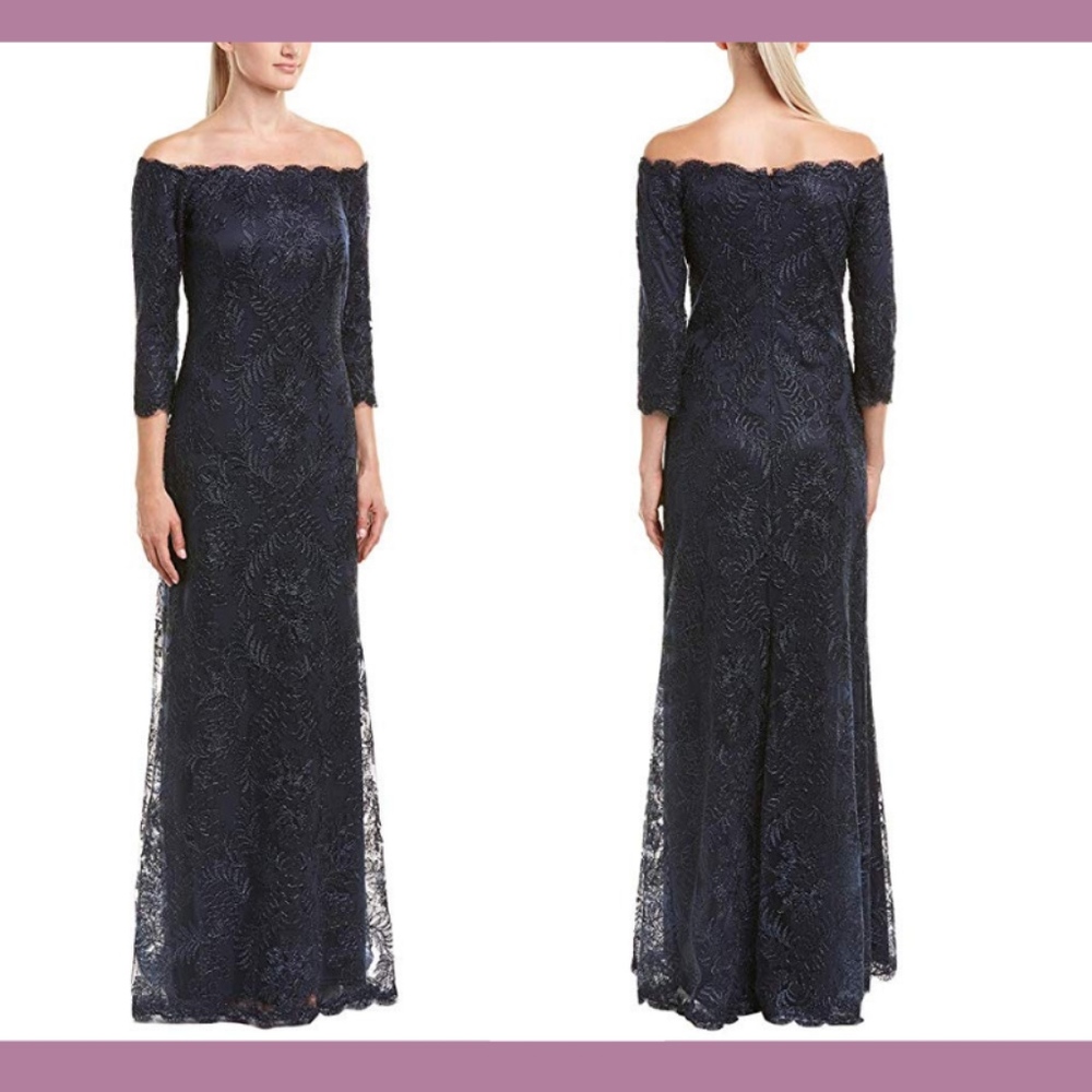NEW $588‎ Tadashi Shoji Lana Off the Shoulder Embroidered Lace Gown [SZ 0 ]